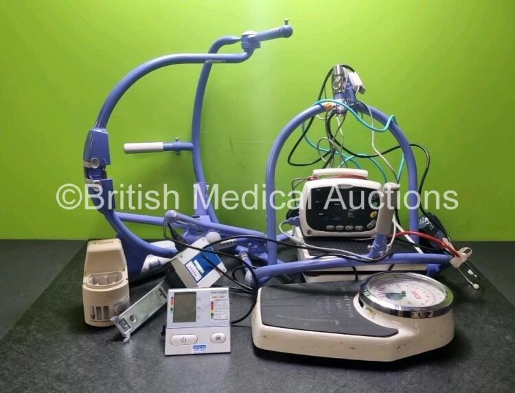 Mixed Lot Including 1 x Huntleigh Smartsigns LitePlus Monitor 1 x Microlife Monitor, 1 x Molift Power Pac, 2 x Seco Weighing Scales, 1 x Vital Signs Patient Monitor 1 x Marsden Weighing Scales and Arjo Hoist Attachments *cage*