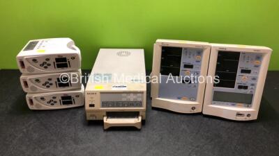 Job Lot Including 3 x Masimo Rad-8 Signal Extraction Pulse Oximeters (2 x Power Up, 1 x Draws Power) 1 x Sony UP-20 Color Video Printer (Powers Up) and 2 x Datascope Mindray Accutorr Plus Patient Monitors (Both Power Up) *SN A721975-B2 / A731504-I3 / M110