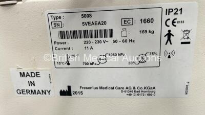 2 x Fresenius Medical Care 5008 Cordiax Dialysis Machines with 2 x Power Supplies - Software Version 4.57 - Running Hours 27543 / 28547 *Mfd Both 2015 (Both Power Up) *5VEAEX20 / 5VEAEX67* - 4