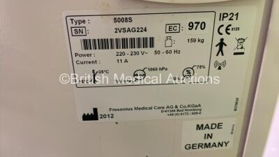 2 x Fresenius Medical Care 5008S Cordiax Dialysis Machines with 2 x Power Supplies - Software Version 4.63 - Running Hours 8520 / na *Mfd Both 2012 (Both Power Up with 1 x Alarm) *2VSAG229 / 2VSAG224* - 4