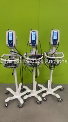 3 x Welch Allyn Spot Vital Signs Monitors on Stands with Power Supplies, NIBP Hoses, BP Cuffs and SpO2 Finger Sensors (All Power Up) *SN