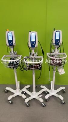 3 x Welch Allyn Spot Vital Signs Monitors on Stands with Power Supplies, NIBP Hoses, BP Cuffs and SpO2 Finger Sensors (All Power Up) *SN