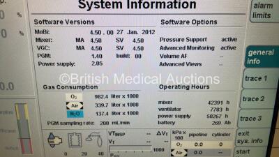 Drager Primus Anaesthesia Machine Software Version - 4.50.00, Operating Hours 7783 h, Mixer Hours 42391 h with Hoses (Powers Up) *Manufactured 2014* *SN ASFJ-0156* - 2