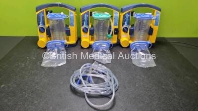 3 x LSU Laerdal Suction Units with 2 x Batteries, 6 x Suction Cups and Hoses (All Power Up 2 x with Missing Casing and 1 x with Damage to Casing - See Photo)