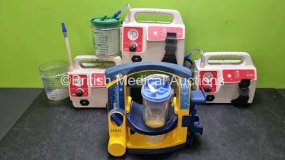 Job Lot Including 3 x Sscor Inc Vacuum Pumps with 3 x Suction Cups 1 x with Missing Lid (Untested Due to Missing Power Supplies) and 1 x LSU Laerdal Suction Unit with 1 x Cup (Power Supply Connection Missing - See Photo)