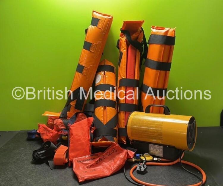 Mixed Lot Including 3 x Leg Splints, 1 x Master Model BLP 10 KW M Gas Fired Heater (Powers Up) and Long Board Clips / Straps