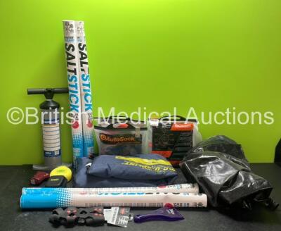 Mixed Lot Including 4 x Salt Sticks, 1 x Bravo Pump, 1 x Face Mask, 1 x EZ-IO Power Driver, 1 x Trex Ice Traction Device, 1 x Ice Scraper, 1 x EMMA Capnograph Carry Case, 2 x Autosock Wheel Traction Aids, 1 x Hartwell Medical Evac U Splint and 2 x Ortlieb