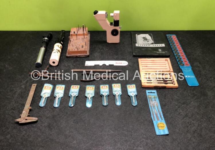 Job Lot Including 1 x Pentax OLH-1 Lensmeter, 1 x Professional Ophthalmoscope, 1 x Keeler Ophthalmoscope and Various Ophthalmic Tools and Glass Drill Bits