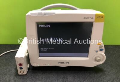 Philips IntelliVue MP30 Patient Monitor Including 1 x Philips M3001A Opt: A01 Module with NBP, SPO2 and ECG Options (Powers Up with Damage to Casing and Power Button - See Photos) *SN DE907W8697 / DE72860019*