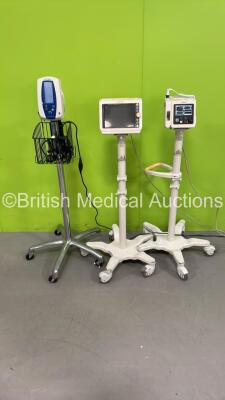 Job Lot of Patient Monitors on Stands including 1 x Welch Allyn Spot Vital Signs Monitor with 1 x AC Power Supply (Powers Up) 1 x Philips REF 863063 Patient Monitor with ECG, NIBP, SpO2 and Printer Options (No Power) 1 x Philips REF H6327A Patient Monitor