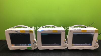 3 x Philips IntelliVue MP30 Patient Monitors (All Power Up with Damage to Casings - See Photos) *SN DE72879222 / DE72851734 / DE72859256*