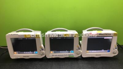 3 x Philips IntelliVue MP30 Patient Monitors (All Power Up with Damage to Casings - See Photos) *SN DE728B7175 / DE728A1358 / DE72851560*