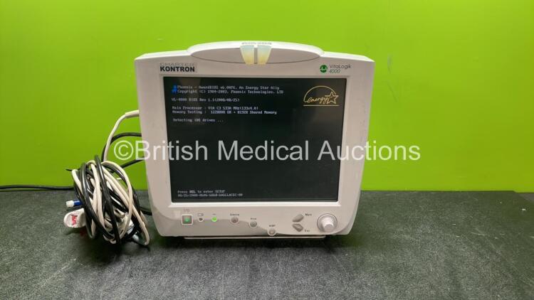 Charter Kontron VitaLogik 4000 Monitor Including ECG/Resp, NIBP, EtCO2, Temp 1, Temp 2, SpO2 and Printer Options with 1 x SpO2 Finger Sensor and 1 x NIBP Hose (Powers Up with Missing Printer Cover-See Photo) *SN 9923579100001*