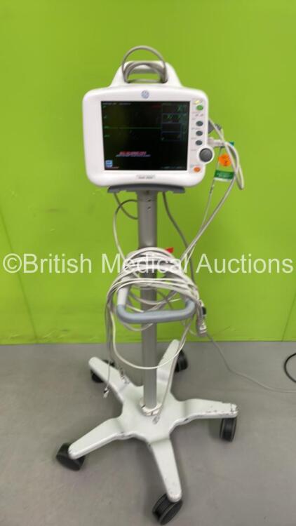 GE Dash 3000 Patient Monitor on Stand with 5 Lead ECG Leads, SPO2 Finger Sensor and BP Hose (Powers Up) *S/N D0DJ22086*