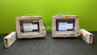 2 x Philips IntelliVue MP30 Patient Monitors with 2 x Philips M3001A Opt A01C06 Modules Including ECG, SpO2, NBP, Press and Temp Options (Both Powers Up with Damage-See Photos) *SN DE907T6622, DE632H9380, DE62230410, DE62230423*