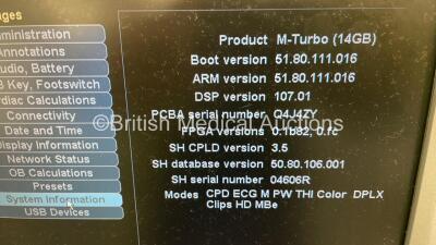 SonoSite M-Turbo Portable Ultrasound Scanner Ref.P17000-15 *Mfd - 06/2016* Boot Version - 51.80.111.016 ARM Version - 51.80.111.016 with 1 x Transducer / Probe (Sonosite HFL38x/13-6 MHz *Mfd - 09/2016*) on H-Universal Stand (Powers Up) *WK3HXF* - 5