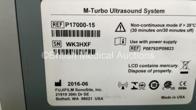 SonoSite M-Turbo Portable Ultrasound Scanner Ref.P17000-15 *Mfd - 06/2016* Boot Version - 51.80.111.016 ARM Version - 51.80.111.016 with 1 x Transducer / Probe (Sonosite HFL38x/13-6 MHz *Mfd - 09/2016*) on H-Universal Stand (Powers Up) *WK3HXF* - 6