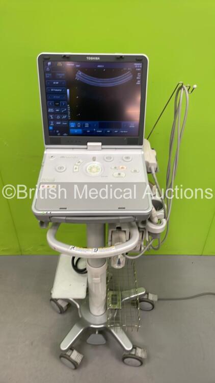 Toshiba Viamo SSA-640A Portable Ultrasound Scanner *S/N E1H12Z4856* **Mfd 2012** Software Version 4.0.200 with 2 x Transducers / Probes (PLT-704AT *Mfd 2012* and PVT-375ST *Mfd 2017*) on Toshiba Pole Stand (Powers Up) ***IR013***