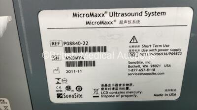 SonoSite MicroMaxx Portable Ultrasound Scanner Ref P08840-22 *S/N WK0MY4* **Mfd 11/2011 ** Boot Version 30.80.306.024 ARM Version 30.80.306.030 with 1 x Transducers / Probe (1 x SLA/13-6 MHz Ref P05174-25 *Mfd 12/2011*) on SonoSite H-Universal (Powers Up - 9