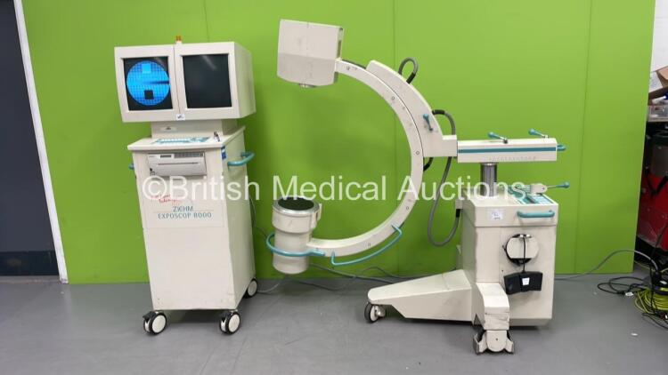 Ziehm Exposcop 8000 X-Ray C-Arm with Dual Screen Image Intensifier, Exposure Hand Trigger, Footswitch, Key and Printer (Powers Up with Key - Key Included -Damage to Printer-See Photos) * Mfd 2001 *