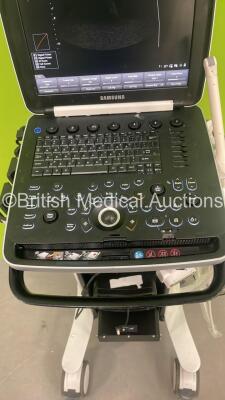 Samsung HM70A Flat Screen Portable Ultrasound Scanner *S/N S0Y7M3HGC00001H* **Mfd 2016** Software Version 2.00.01.1221 with 2 x Transducers / Probes (EVN4-9 *Mfd 2020* and CA1-7AD *Mfd 2021*) on Samsung Trolley (Powers Up - Damage to Machine - See Picture - 13