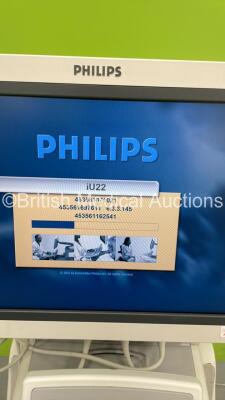 Philips iU22 Flat Screen Ultrasound Scanner on G.0 Cart *S/N B00DK2* **Mfd 10/2010** Software Version 6.3.3.145 with 3 x Transducers / Probes (2 x L12-5 and 1 x L17-5) (Powers Up with 3 Pin Power Supply - Adaptor Not Included) - 4