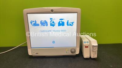 GE Carescape B650 Touch Screen Patient Monitor with 1 x GE Type E-miniC-00 Module with Mini D-fend Water Trap and 1 x GE Type E-ENTROPY-00 Module (Powers Up) *SN 6667754, 8508659, SEW14105526HA*