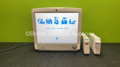 GE Carescape B650 Touch Screen Patient Monitor with 1 x GE Type E-miniC-00 Module with Mini D-fend Water Trap and 1 x GE Type E-ENTROPY-00 Module (Powers Up) *SN 8520452, 6667755, SEW15101799HA*