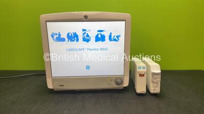 GE Carescape B650 Touch Screen Patient Monitor with 1 x GE Type E-miniC-00 Module with Mini D-fend Water Trap and 1 x GE Type E-ENTROPY-00 Module (Powers Up) *SN 8508649, 6504928, SEW15101801HA*