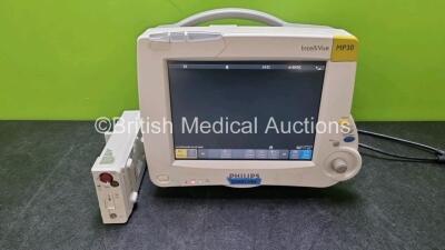 Philips IntelliVue MP30 Patient Monitor (Powers Up, Damage to Casing - See Photos) and 1 x Philips M3015A Microstream CO2 Module Including CO2, Press and Temp Options *SN DE13860795 / DE72862586*