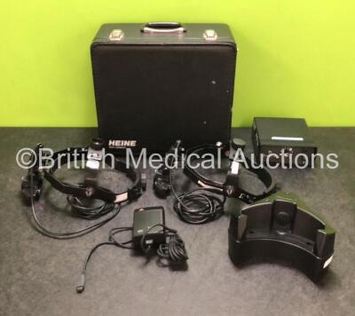 Job Lot Including 2 x Heine Omega 100 Ophthalmoscopes in Case (Both Power Up with Damage to Casing - See Photos) with 1 x Power Supply (Damage to Casing - See Photos) 1 x Heine Mains Input Plug and 1 x Keeler Docking Station