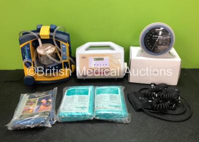 Mixed Lot Including 1 x Laerdal LSU Suction Unit with Wall Bracket (Powers Up) 2 x Pack Towel Towels, 2 x Protection Blankets, 1 x Talley Qu4ttro Plus Pump and 1 x Riester BP Monitor with Accessories