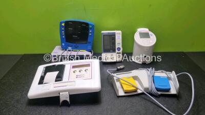 Mixed Lot Including 1 x Olympus WB50402W Footswitch, 1 x GE Carescape V100 Patient Monitor, 1 x Nellcor Oximax N-600 Pulse Oximeter, 1 x Omron HEM-907 Digital Blood Pressure Monitor, 1 x Kanmed Baby Warmer and 1 x Mediwatch Ezee Pzee Portaflow (Rear Cover