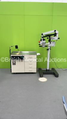 Heerbrugg Wild M650 Surgical Microscope with Binoculars, 3 x 10x/21 Eyepieces, Training Arm and f=250mm Lens on Stand and ENT Workstation (Powers Up)