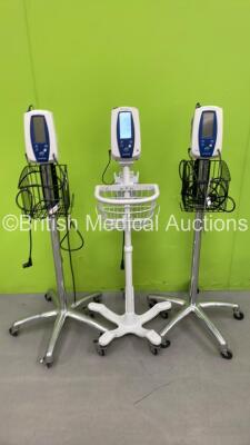 3 x Welch Allyn Spot Vital Signs Monitors On Stands with 3 x AC Power Supplies (All Power Up)