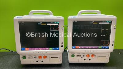 2 x Fukuda Denshi Dynascope DS-7200 Patient Monitors Including ECG, SpO2, C02, NIBP, BP1, BP2, T1, T2 and Printer Options (Both Power Up) *SN 50000264, 50000260*