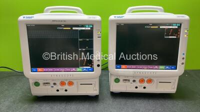 2 x Fukuda Denshi Dynascope DS-7200 Patient Monitors Including ECG, SpO2, C02, NIBP, BP1, BP2, T1, T2 and Printer Options (Both Power Up) *SN 50000225, 50000269*