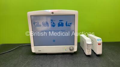 GE Carescape B650 Touch Screen Patient Monitor with 1 x GE Type E-miniC-00 Module with Mini D-fend Water Trap and 1 x GE Type E-ENTROPY-00 Module (Powers Up) *SN 8519832, 6667758, SEW12367640HA*