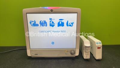 GE Carescape B650 Touch Screen Patient Monitor with 1 x GE Type E-miniC-00 Module with Mini D-fend Water Trap and 1 x GE Type E-ENTROPY-00 Module (Powers Up) *SN 6665845, 8508732, SEW15101803HA*