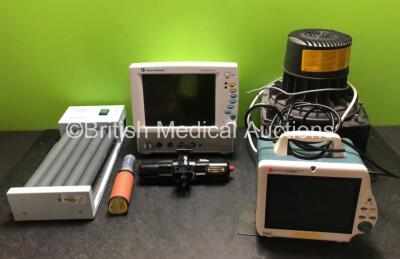 Mixed Lot Including 1 x Datex-Ohmeda Cardiocap/5 Patient Monitor Including NIBP, ECG, SPO2, P1, P2, T1 and T2 Options (No Power) 1 x Stuart Scientific SRT1 Roller Unit, 1 x Penlon PM-8000 Express Patient Monitor (Damaged Light - See Photos) and 1 x Durr-