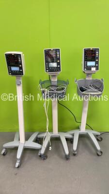 3 x Datascope Accutorr Plus V Vital Signs Monitors on Stands with Selection of Leads (All Power Up - 1 x Missing Side Cover)