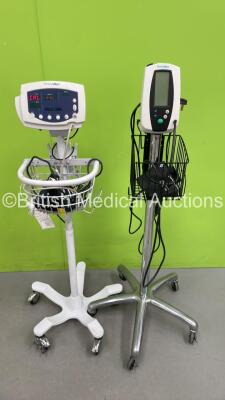 1 x Welch Allyn 53N00 Vital Signs Monitor on Stand with BP Hose and Cuff and 1 x Welch Allyn 420 Series Vital Signs Monitor on Stand with BP Hose and Cuff (Both Power Up) *S/N JA099577*