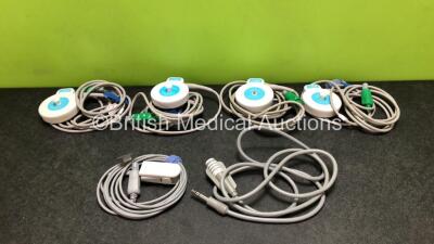 Job Lot Including 4 x TOCO Ultrasound Transducers, 1 x SpO2 Finger Sensor and 1 x Trigger for Edan Fetal Monitors (1 x Transducer Missing Casing - See Photos)