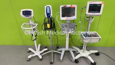 1 x Welch Allyn SPOT Vital Signs Monitor on Stand, 1 x Welch Allyn 530T0 Vital Signs Monitor on Stand, 1 x Philips IntelliVue MP5 Patient Monitor on Stand and 1 x Mindray iPM 12 Patient Monitor on Stand (All Power Up)