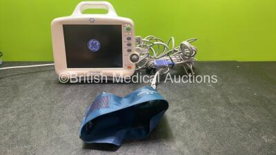 GE Dash 3000 Patient Monitor Including ECG, SpO2, C02, NIBP, BP1/3, BP 2/4 and Temp/C0 Options, 1 x NIBP Hose, 1 x SpO2 Connection Lead and 1 x BP Cuff (Powers Up with Maintenance Message-See Photo)