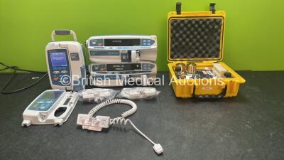 Mixed Lot Including 1 x Carefusion Alaris VP Plus Pump with Spare Front Casing (Powers Up with Error-See Photo) 2 x Carefusion Alaris Plus CC Pump (Both Power Up, 1 with Service Message) 3 x IVAC 180 Triggers and 1 x Carefusion Alaris VP Plus Guardrails C