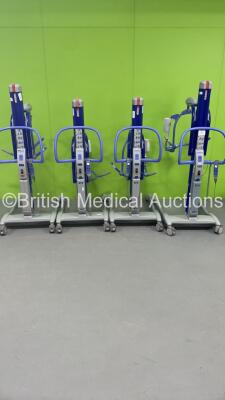 4 x Arjo Maxi Move Electric Patient Hoist with Batteries and Controllers (All Power Up with Good Battery - 3 x Good Batteries and 1 x Flat Battery Included)