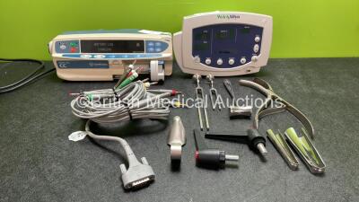 Mixed Lot Including 1 x Carefusion Alaris CC Plus Pump (Powers Up with Fault and Missing Rear Cover-See Photos) 1 x Welch Allyn 53N00 Patient Monitor (Powers Up) 1 x 4 Lead ECG Lead and Various Surgical Instruments *SN JA097891, 135014977*