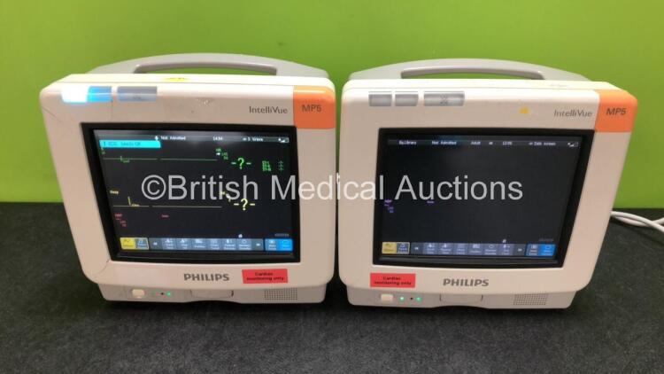 2 x Philips IntelliVue MP5 Patient Monitors Including ECG, SpO2 and NBP Options (Both Power Up, 1 x Damaged Casing - See Photos) *SN DE50187218 / DE21051752*