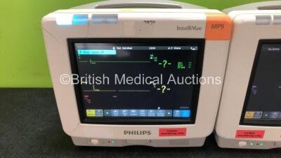 2 x Philips IntelliVue MP5 Patient Monitors Including ECG, SpO2 and NBP Options (Both Power Up, 1 x Damaged Casing - See Photos) *SN DE50187218 / DE21051752* - 2